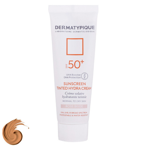 کرم ضد آفتاب رنگی درماتیپیک، 50 SPF، مدل هیدرا، مناسب پوست نرمال تا خشک تنالیته رنگ روشن و حجم 50 میلیلیتر، محافظت کننده در برابر اشعه UVA، UVB، IR، ضد آب، ضد خطوط ریز و پیری پوست، مرطوب کننده، التیامبخش، با ماندگاری 2 ساعته