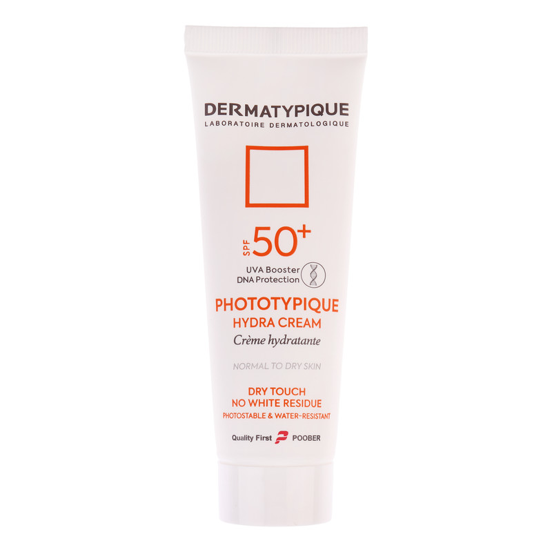 فلوئید ضد آفتاب بدون رنگ درماتیپیک مدل hydra cream محافظ UVA،UVB مناسب برای پوست خشک حجم 50 میلی لیتر