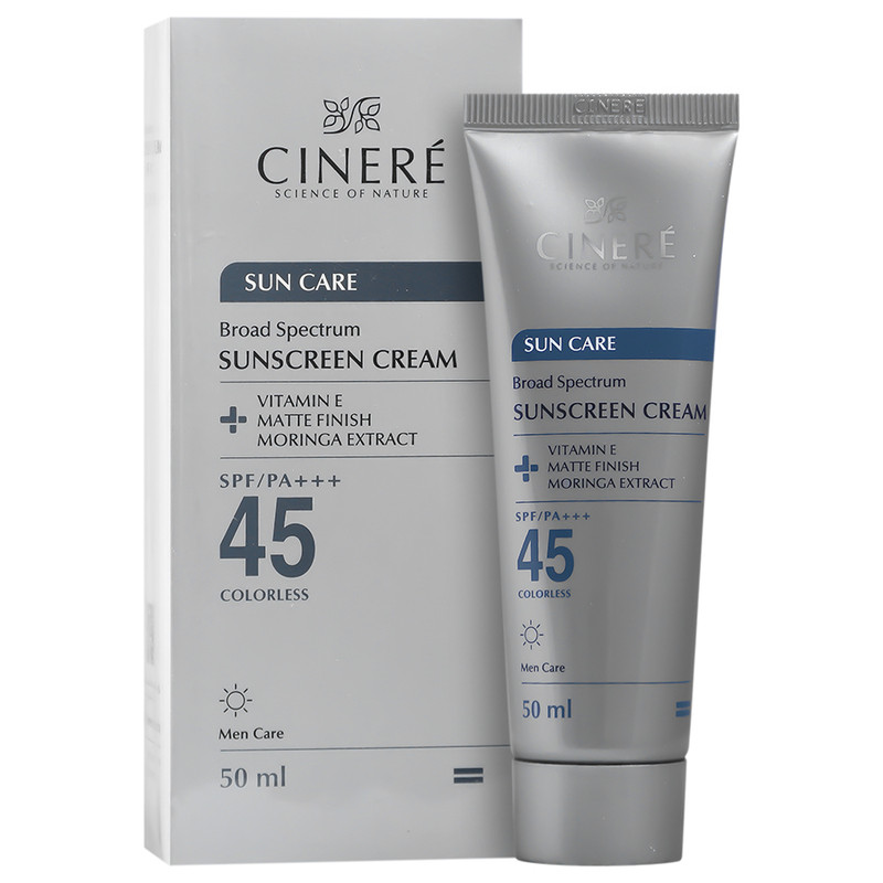 کرم ضد آفتاب بی‌رنگ صورت سینره SPF 45 آقایان مدل MEN Care محافظ UVA ،UVB و PA+++ ‌مناسب برای انواع پوست حجم 50 میلی‌لیتر